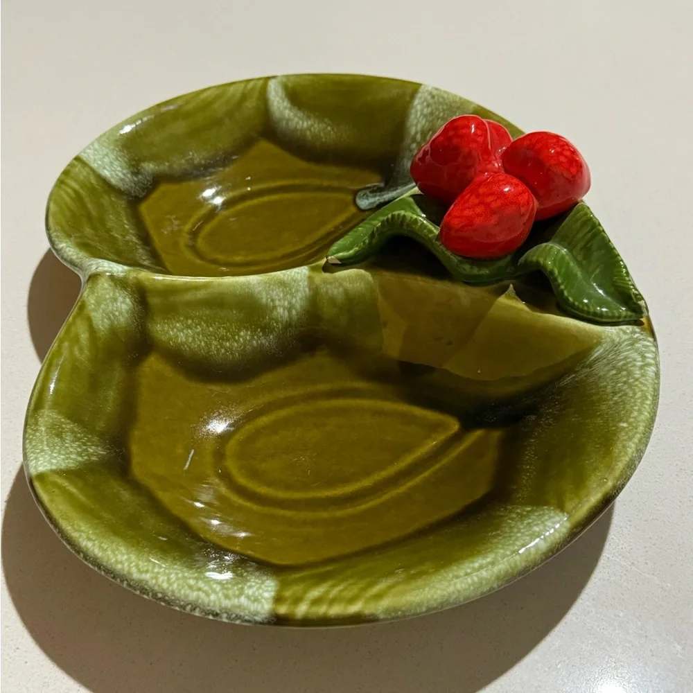 Vintage California‎ Pottery Green Divided Strawberry Serving Dish #892